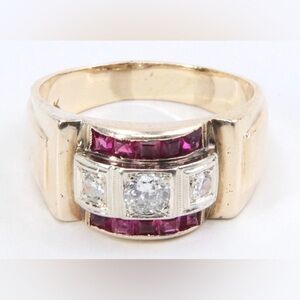 Vintage 14K Two-Tone Gold Art Deco Natural Diamond & Lab Created Ruby Domed Ring